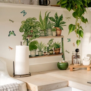 Cartoon green potted plant wall stickers with butterflies for living room home decor