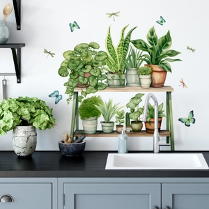Watercolor wall decals featuring green potted plants on wood shelves with butterflies