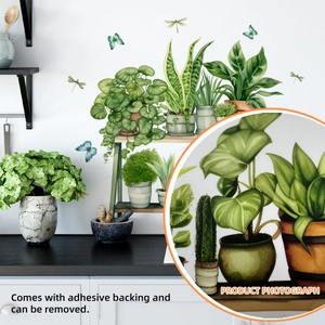 Detail of self-adhesive watercolor green plant wall decals with butterflies for home decor