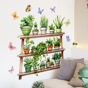 Watercolor 3-tier plant stand wall decal with potted succulents and colorful butterflies