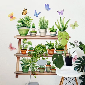 Vibrant wall decals of potted plants on shelves with colorful butterflies for home decor