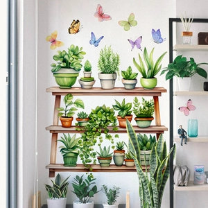 Potted Plant Butterfly Wall Stickers PVC Waterproof Removable Botanical Floral Decals For Living Room Kitchen Home Decor