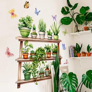 Cartoon potted plants and shelf wall stickers with butterflies for home living room decor