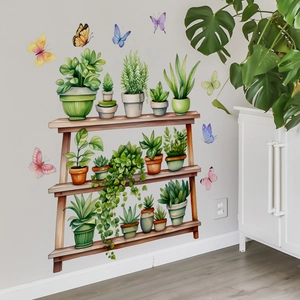 Self-adhesive wall sticker featuring fresh potted plants and butterflies on wooden shelves