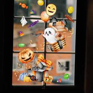 Halloween window stickers set with watercolor pumpkin, ghost, and candy motifs on glass