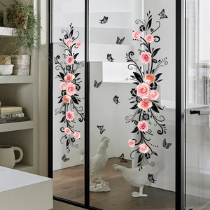 Pink Rose Butterfly Flower Vine Wall Stickers PVC Waterproof Self-Adhesive Mirror Glass Decal For Bathroom Home Decoration