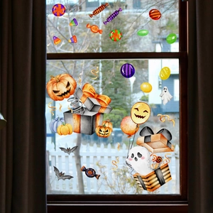 Halloween window decals set featuring pumpkin, ghost, and bat in watercolor style