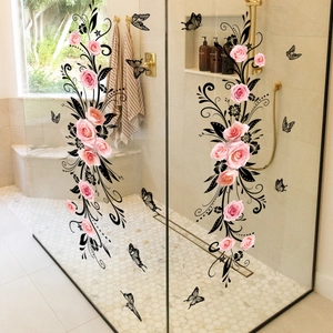 Self-adhesive glass sticker featuring pink roses and black butterfly vine for home decor