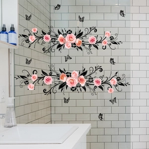 Self-adhesive floral wall stickers with pink roses and butterflies for bathroom mirror