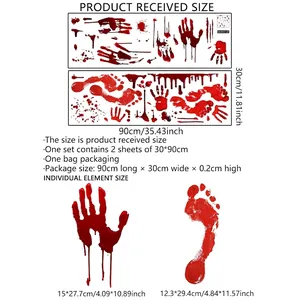 Size guide for Halloween bloody handprint and footprint wall stickers set with dimensions