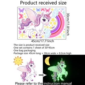 Detailed view of luminous unicorn wall stickers set showing day and night glowing effects