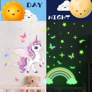 Luminous wall stickers showing the day and night effect of unicorn and rainbow decals