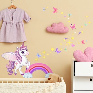 Luminous unicorn and rainbow wall decals set for kids bedroom decor with glowing stars