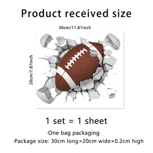 Sticker mural 3D de football américain dimensions 30x20cm avec effet mur brisé réaliste