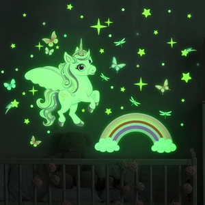 Luminous Wall Stickers Glow In The Dark Self Adhesive PVC Kids Room Nursery Decor Cartoon Unicorn Rainbow Stars Butterfly Wall Decals