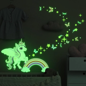 Luminous rainbow unicorn wall stickers with glowing stars and butterflies for kids room