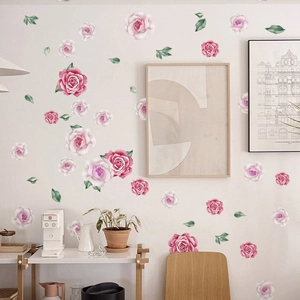 Stickers muraux roses à l'aquarelle avec feuilles vertes pour décor de chambre