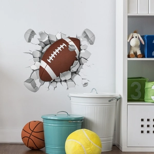 Sticker mural 3D ballon de football américain effet mur brisé pour chambre