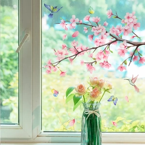 Pink cherry blossom window stickers with birds and butterflies for glass decoration