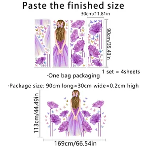Size chart for purple flower girl wall decals showing 4 sheets measuring 30x90cm each