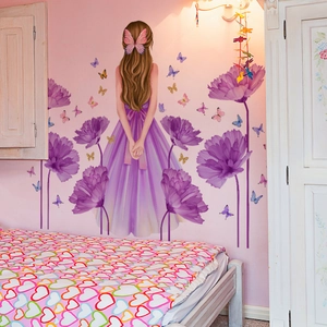 Detail of purple butterfly wall stickers with flower girl decal for bedroom decor