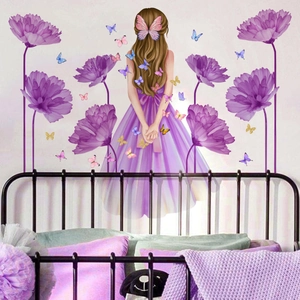 Romantic purple flower wall sticker with girl and butterflies for bedroom background decor