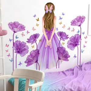 Girl with purple flowers and butterflies self-adhesive wall sticker for bedroom decor