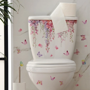 Detail of pink floral cherry blossom and butterfly waterproof vinyl toilet lid stickers