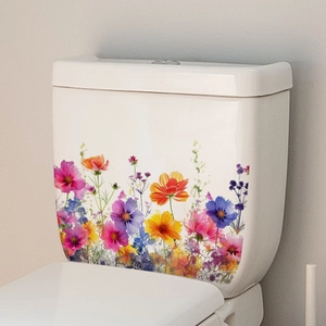 Vibrant watercolor floral PVC sticker applied to a toilet tank in a modern bathroom