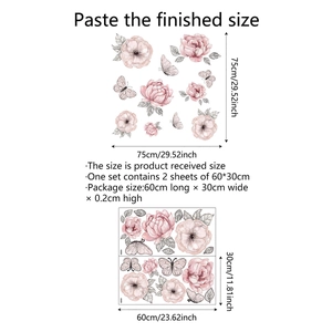 Stickers muraux pivoines roses avec papillons et feuilles vertes, décoration 75x75cm