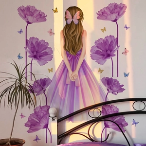 Romantic girl in purple dress wall decal with blooming flowers and butterflies for bedroom