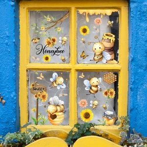 Adesivi per finestre con api e girasoli per decorazione su cornice in legno gialla