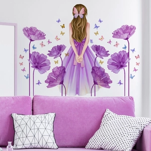 Romantic purple flower butterfly wall stickers with long hair girl over sofa for living room