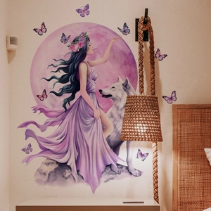 Fantasy wall decal of a girl in purple dress with a white wolf under a full moon