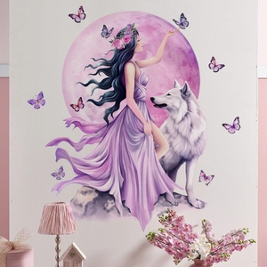 Creative fantasy wall sticker featuring a girl in purple dress with white wolf and pink moon