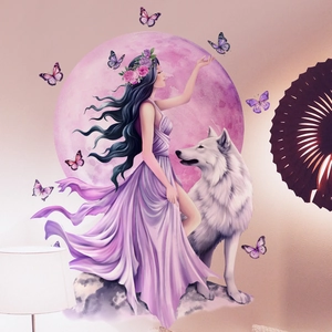 Fantasy wall sticker showing a girl with a wolf and butterflies under a purple moon