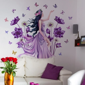 Romantic girl with flowers and butterflies wall sticker set for bedroom decoration