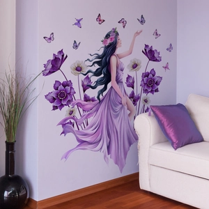 Floral butterfly moon girl wall sticker in purple tones for living room decor