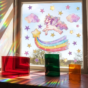 Adesivi per finestre unicorno arcobaleno con nuvole e stelle per decorazione su vetro