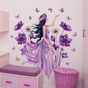 Detail of floral butterfly girl wall decal with purple flowers and elegant dress