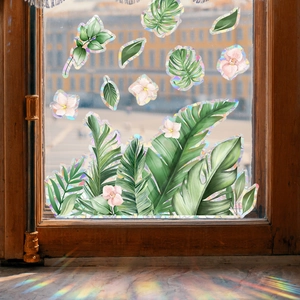 Fensteraufkleber mit tropischen Blättern und holografischem Regenbogeneffekt