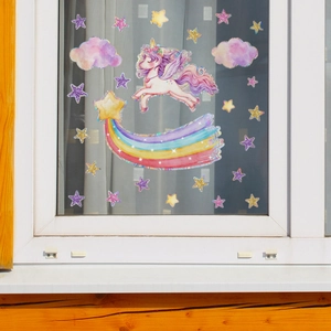 Adesivi elettrostatici per finestre con unicorno arcobaleno e stelle su vetro