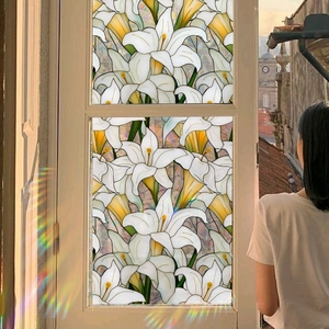 Film décoratif pour fenêtre aux lys blancs effet vitrail coloré avec reflets arc-en-ciel