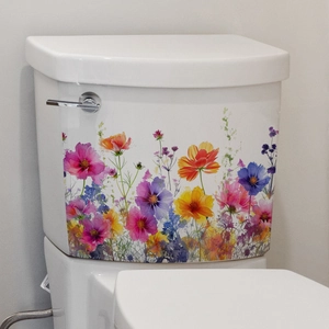 Colorful floral self-adhesive toilet tank stickers with vibrant cosmos and flowers
