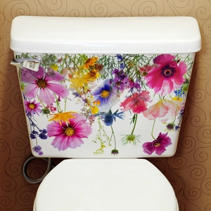 Colorful floral toilet tank sticker with pink and blue flowers for bathroom decor