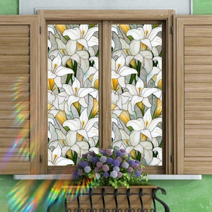 Film de Fenêtre Style Vitrail Motif Lys Adhésion Statique Intimité Autocollant Dépoli Pour Décoration de Fenêtre Maison Bureau Chambre
