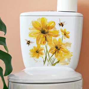 Yellow floral and honeybee self-adhesive decals for bathroom toilet tank decoration