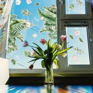 Regenbogen Fensterfolie mit grünen Blättern und Blumenmustern für Glasdekor