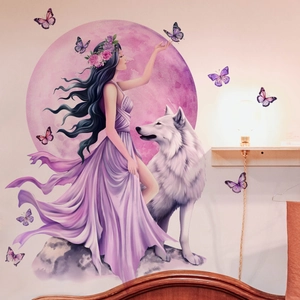 Floral butterfly moon wolf girl wall sticker for living room and bedroom decor