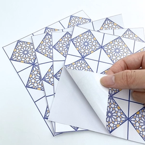 Self-adhesive Mediterranean tile stickers with blue and gold geometric patterns
